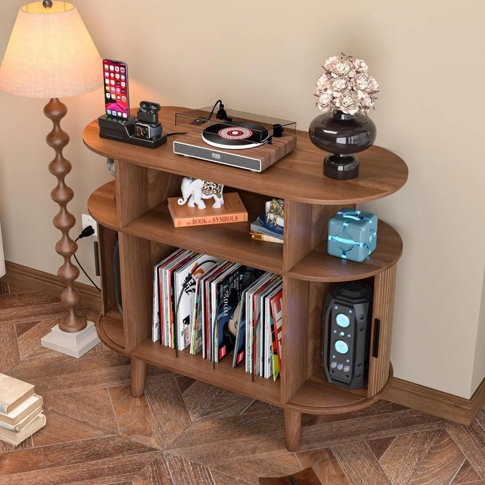 Dresden Collection | Brass-Accented Atomic-Era Walnut Record Console - styled from an alternate angle revealing dimensional depth in a Mid-Century Modern entryway setting.