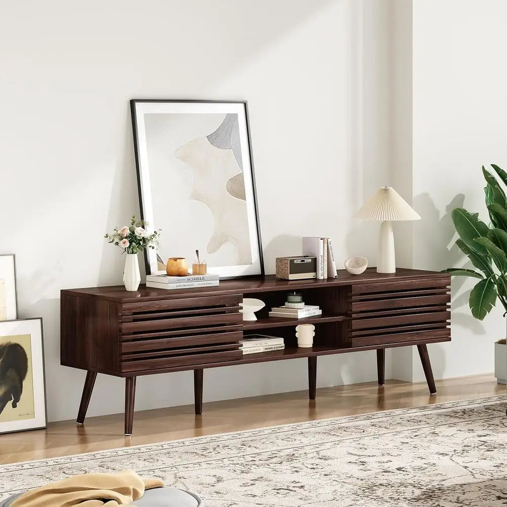 Ellington Collection | Fluted Walnut Media Console - featuring close-up joinery and artisanal finish quality in a Mid-Century Modern entryway setting.