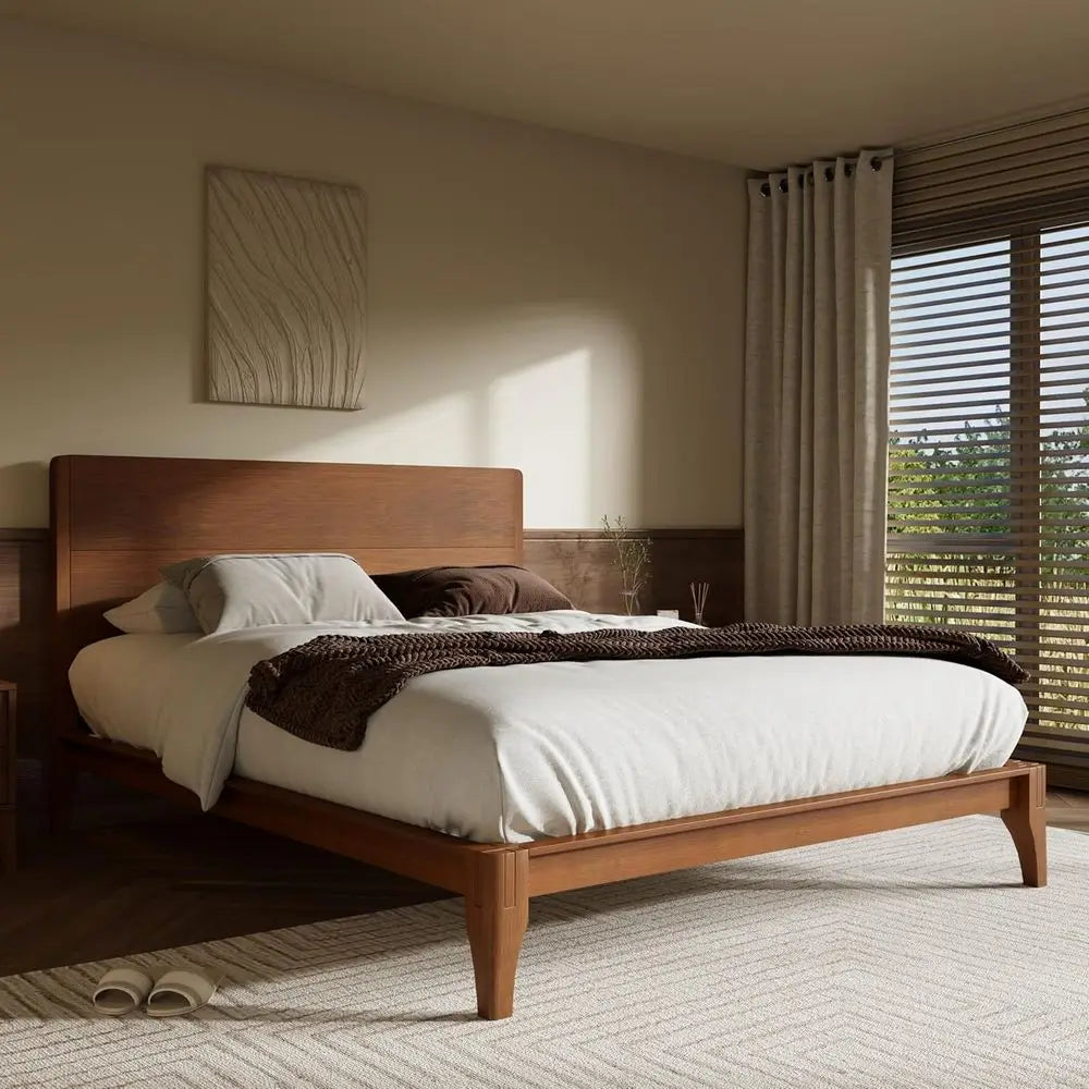 Ellington Collection | Floating California Bamboo Platform Bed - featuring close-up joinery and artisanal finish quality in a Mid-Century Modern bedroom setting.