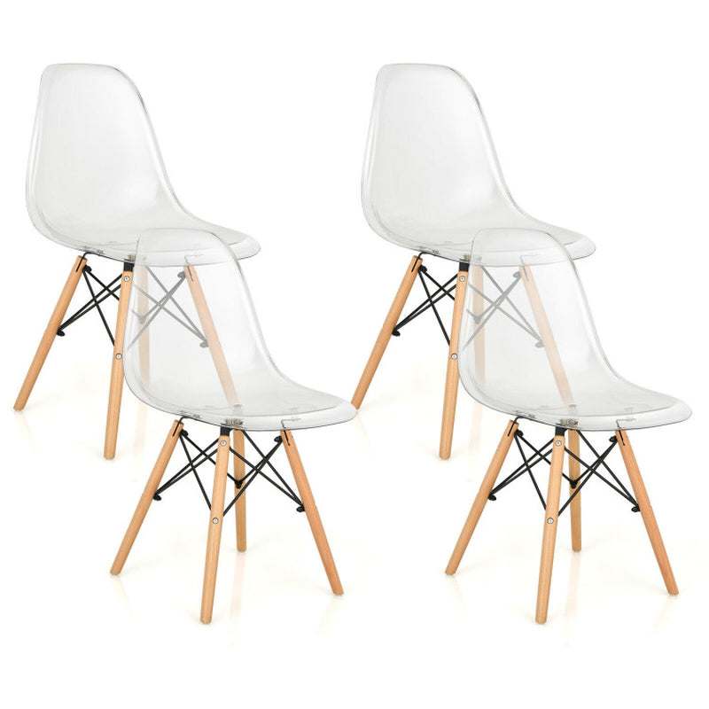 Set of 4 Dining Chairs Modern Plastic Shell Side Chair with Clear Seat and Wood Legs