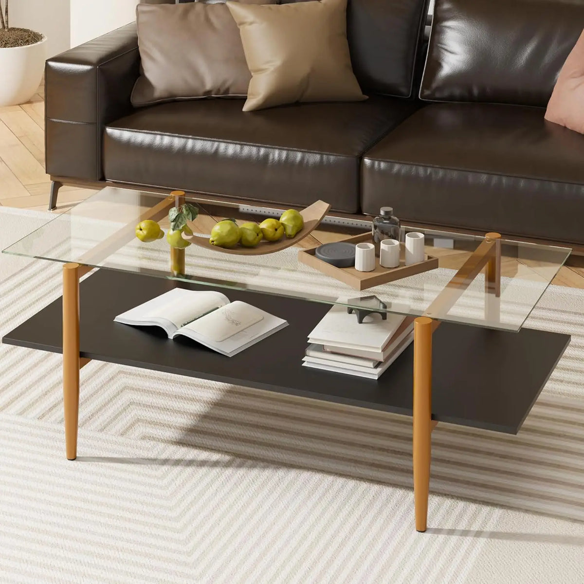 Fontaine Collection | Geometric Glass-Top Tempered Glass & Brass - styled from an alternate angle revealing dimensional depth in a Mid-Century Modern living room setting.