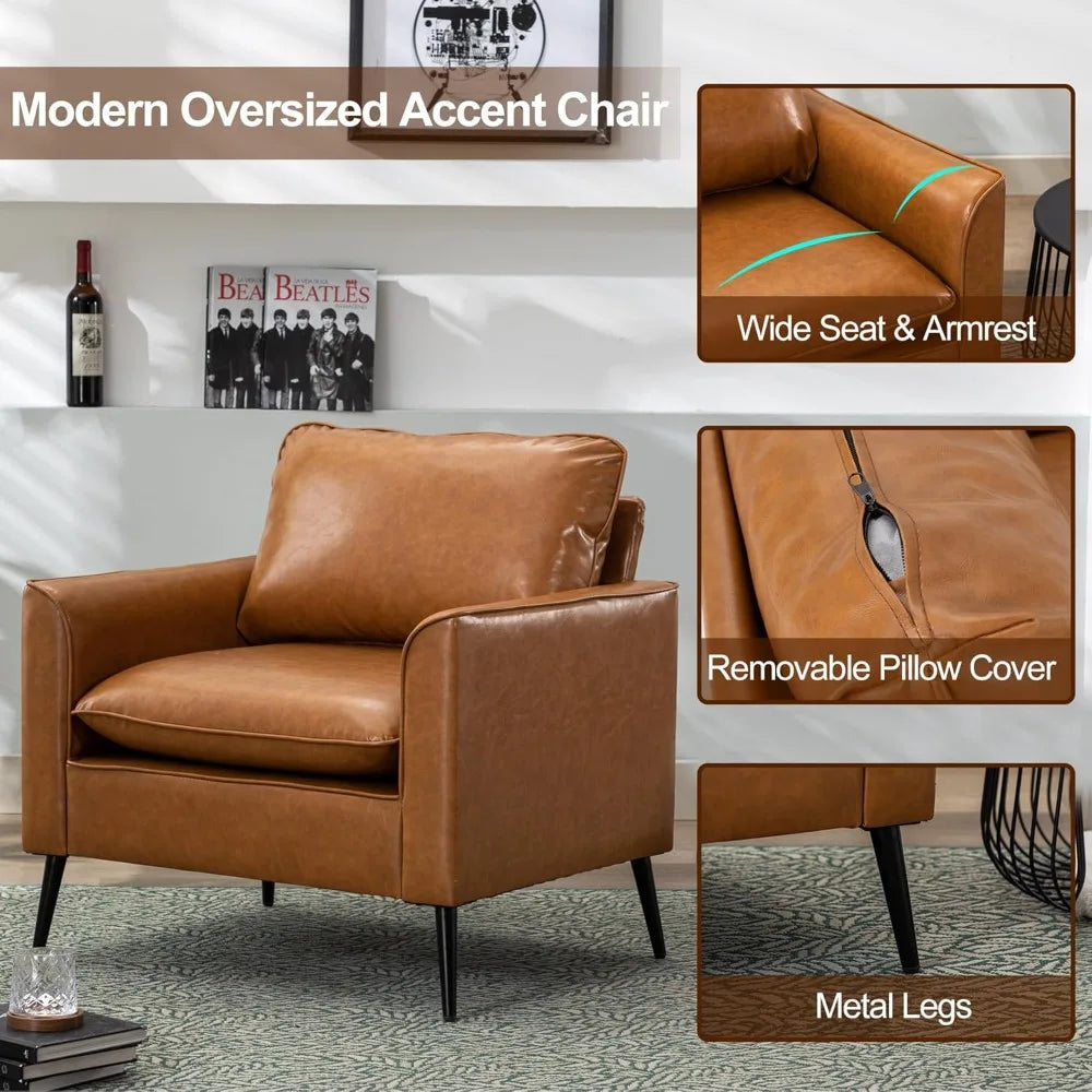 Ellington Collection | Arched Chrome-Detailed Cognac Leather Armchair Set - presented at scale within a designed interior in a Mid-Century Modern living room setting.