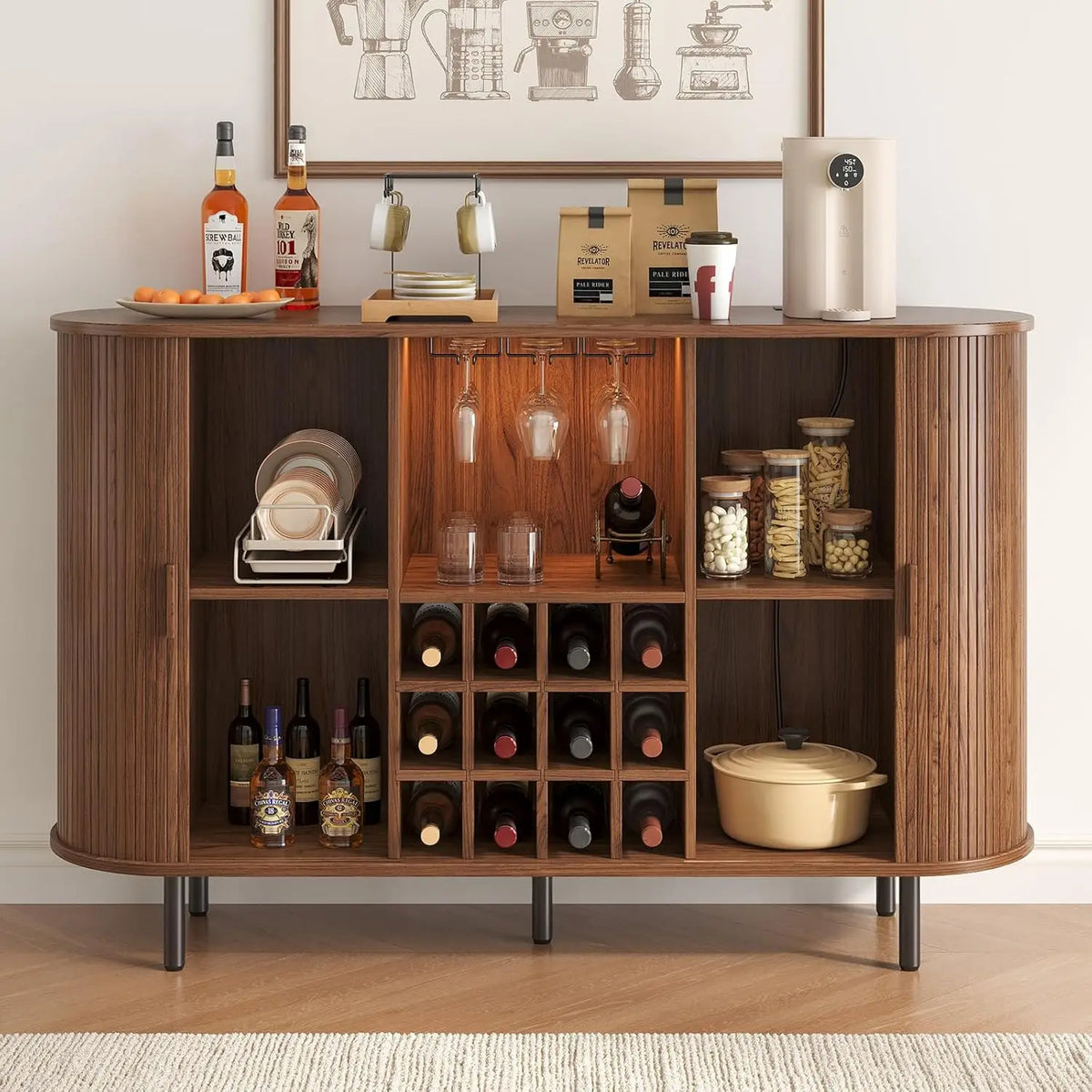 Cordoba Collection | Fluted Atomic-Era Fluted Walnut Wine Cabinet - revealing tonal warmth and surface patina under ambient light in a Mid-Century Modern dining room setting.