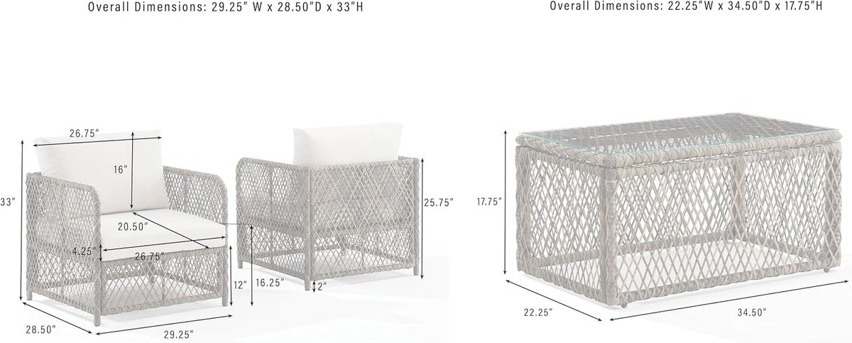 Granite Bay 3-Piece Outdoor Chair and Coffee Table, Modern Wicker Patio Furniture, Porch, Deck, Creme