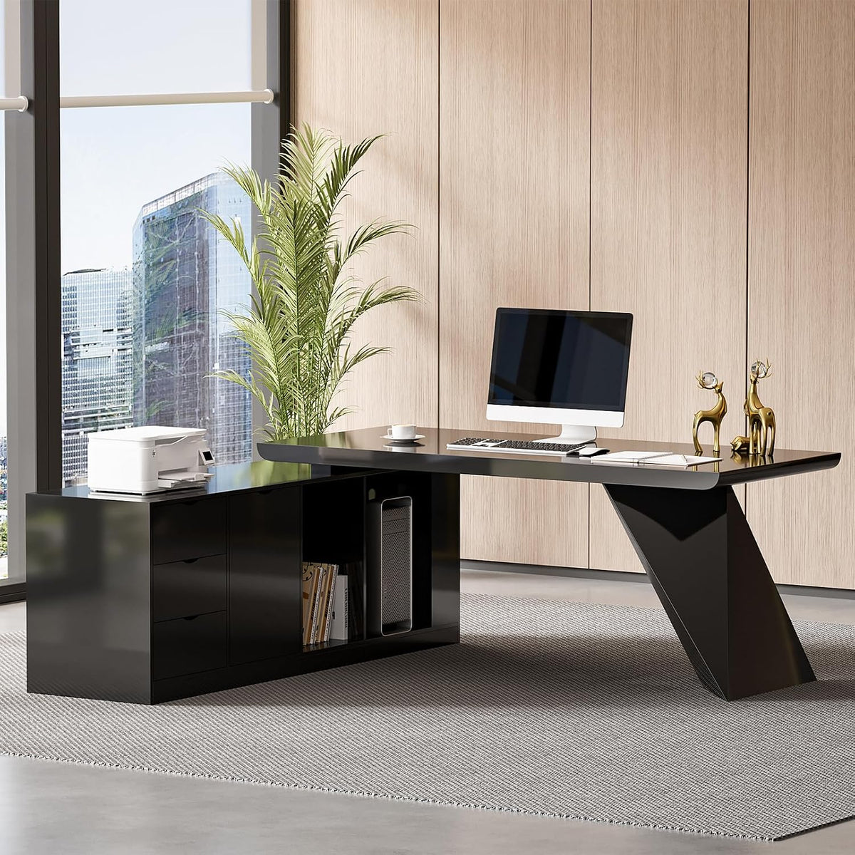 70.9" Modern L-Shape Executive Desk, Home Office Desk with Drawers & Cabinet Modern Computer Desk for Home Business Furniture, Black, Left Hand