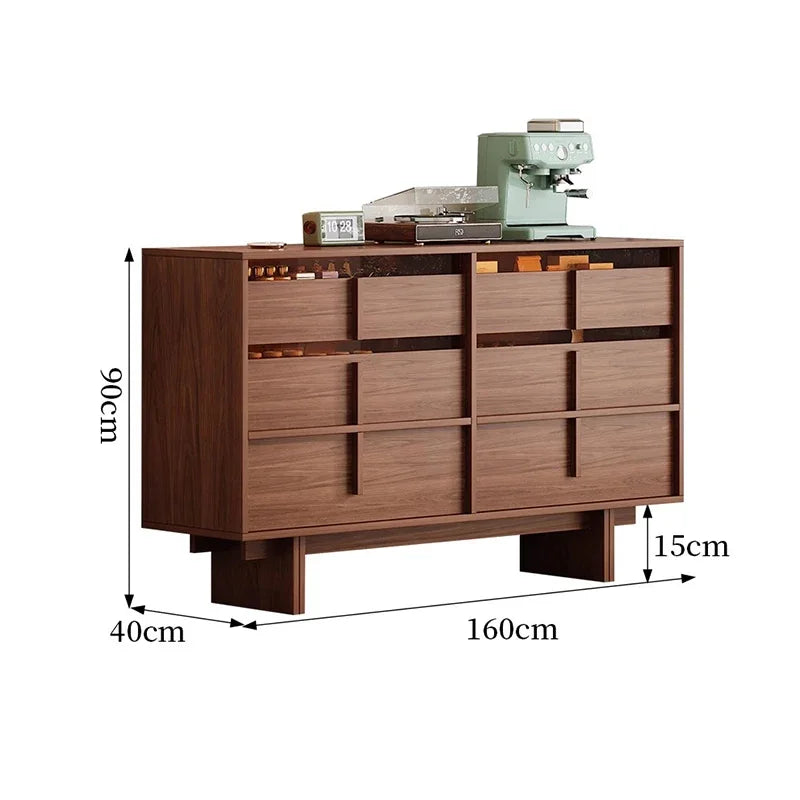 Dresden Collection | Geometric Brass-Accented Walnut Storage Cabinet - revealing tonal warmth and surface patina under ambient light in a Mid-Century Modern living room setting.