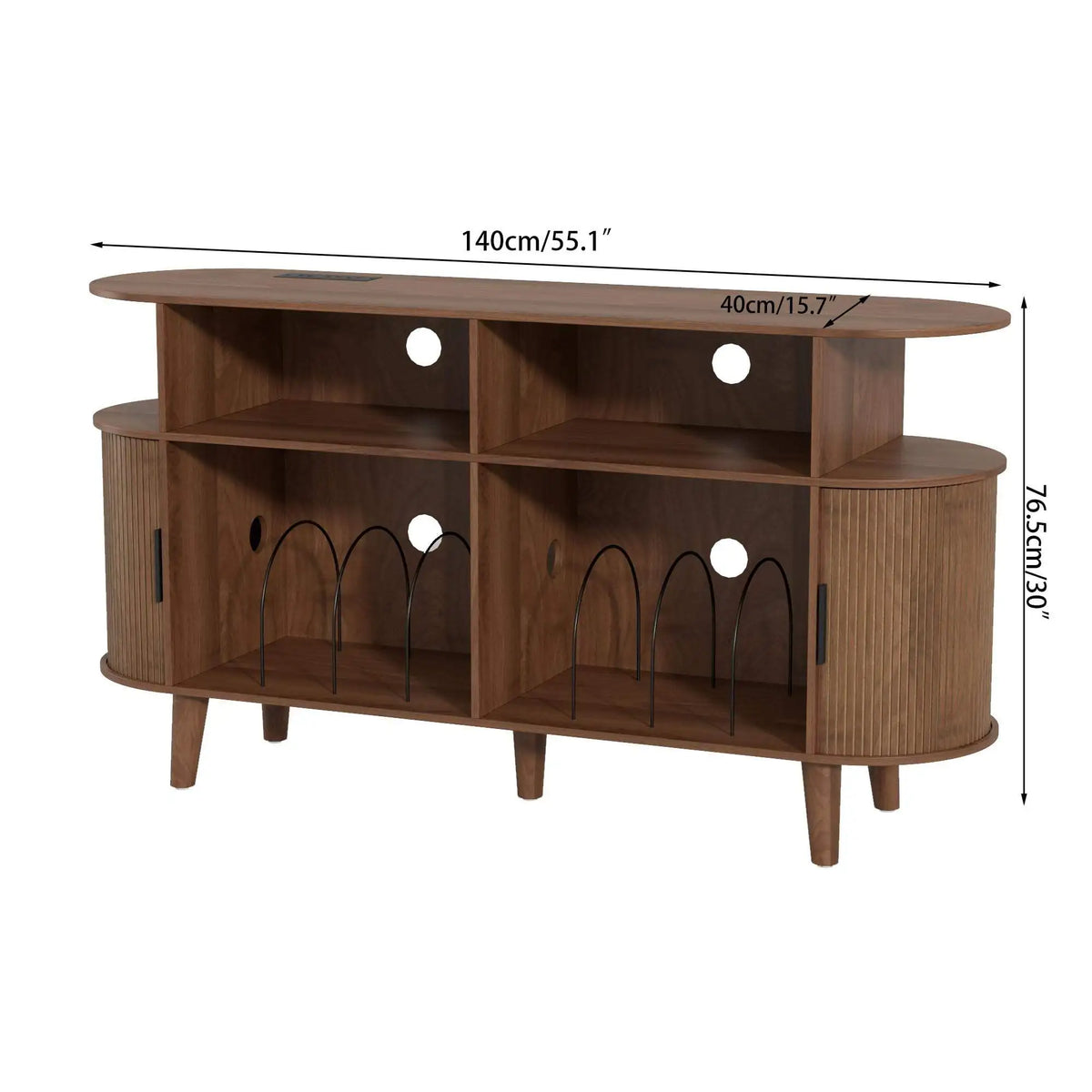 Ellington Collection | Gold-Trimmed Atomic-Era Walnut Record Console - styled from an alternate angle revealing dimensional depth in a Mid-Century Modern entryway setting.