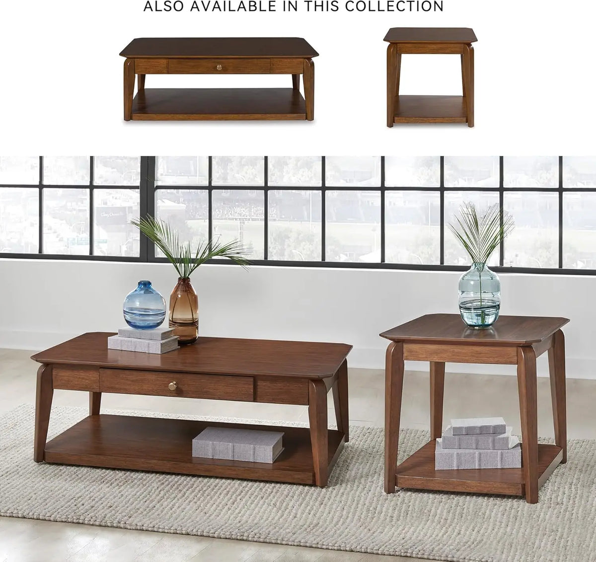 Dresden Collection | Tapered-Leg Atomic-Era Walnut End Table - highlighting material texture and craftsmanship detail in a Mid-Century Modern living room setting.
