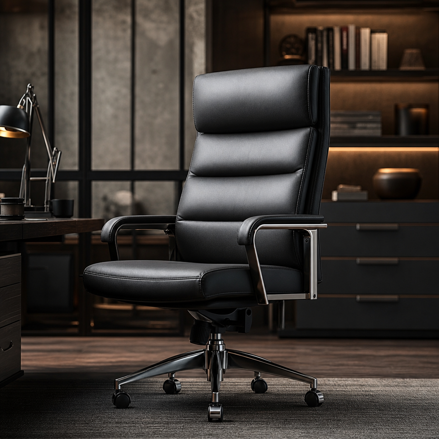 Belmont Collection | Sculptural Chrome-Detailed Cognac Leather Swivel Chair - showcasing full sculptural form and curated finish in a Mid-Century Modern living room setting.