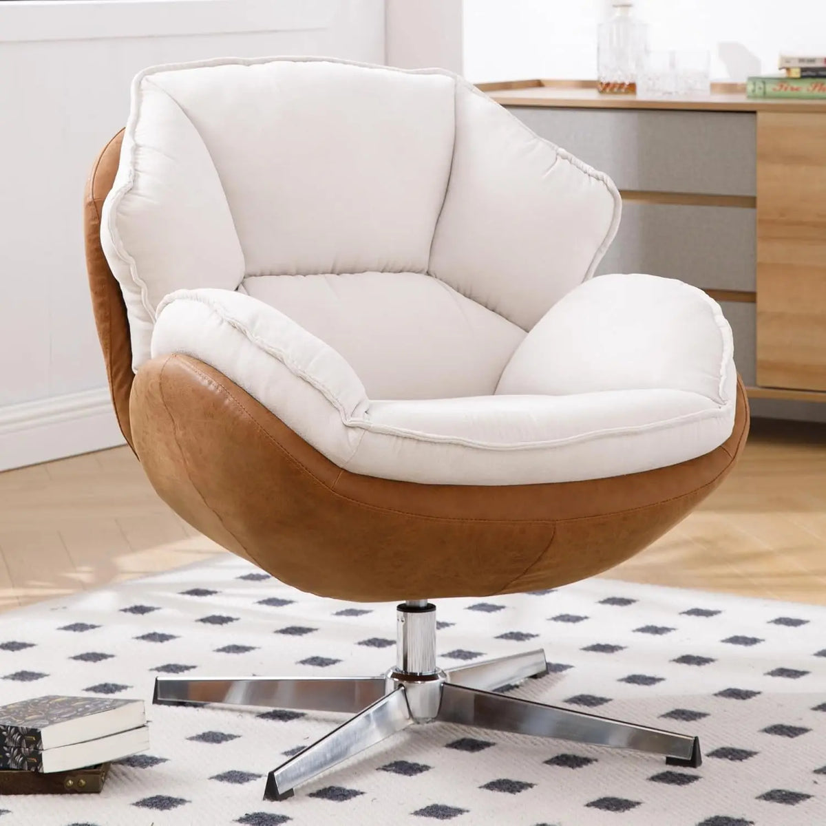 Ellington Collection | Floating Leather-Wrapped Walnut Swivel Chair and Ottoman - framed in an editorial still-life composition in a Mid-Century Modern living room setting.