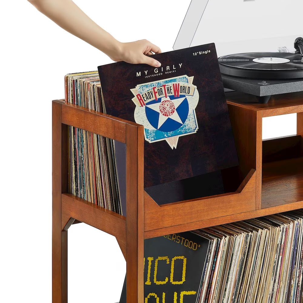 Asheville Mid-Century Modern Media Console Record Player Stand, Storage for Vinyl Records