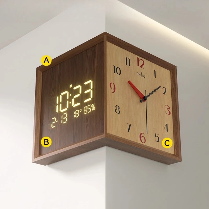 Dresden Collection | Geometric Atomic-Era Walnut Digital Clock - framed in an editorial still-life composition in a Mid-Century Modern living room setting.