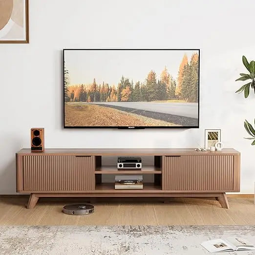 Fontaine Collection | Grand Fluted Walnut Console - presented at scale within a designed interior in a Mid-Century Modern entryway setting.