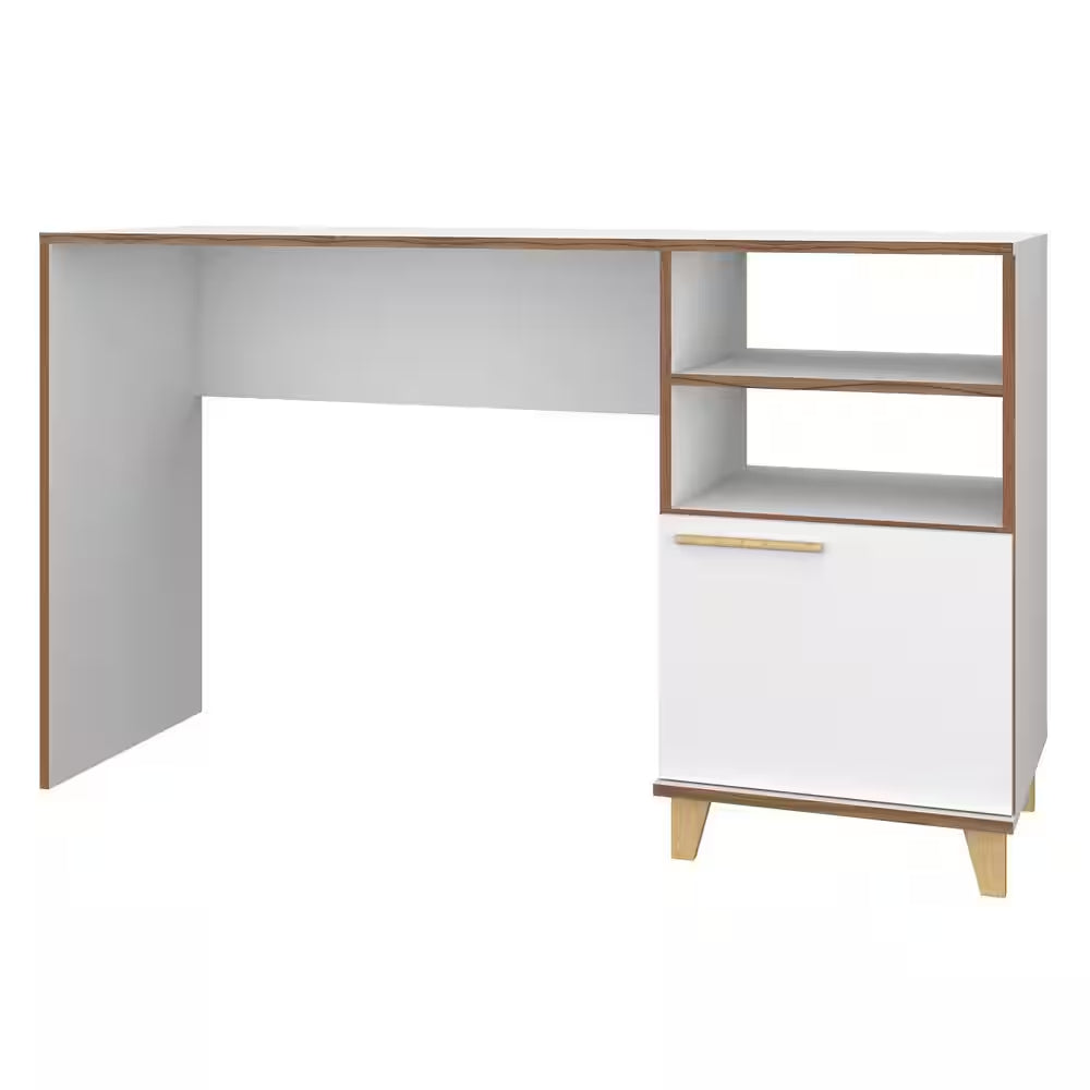 Minetta 53.14 In. Mid-Century Modern Rectangular White and Gold Composite Wood Office Desk with 2-Shelves