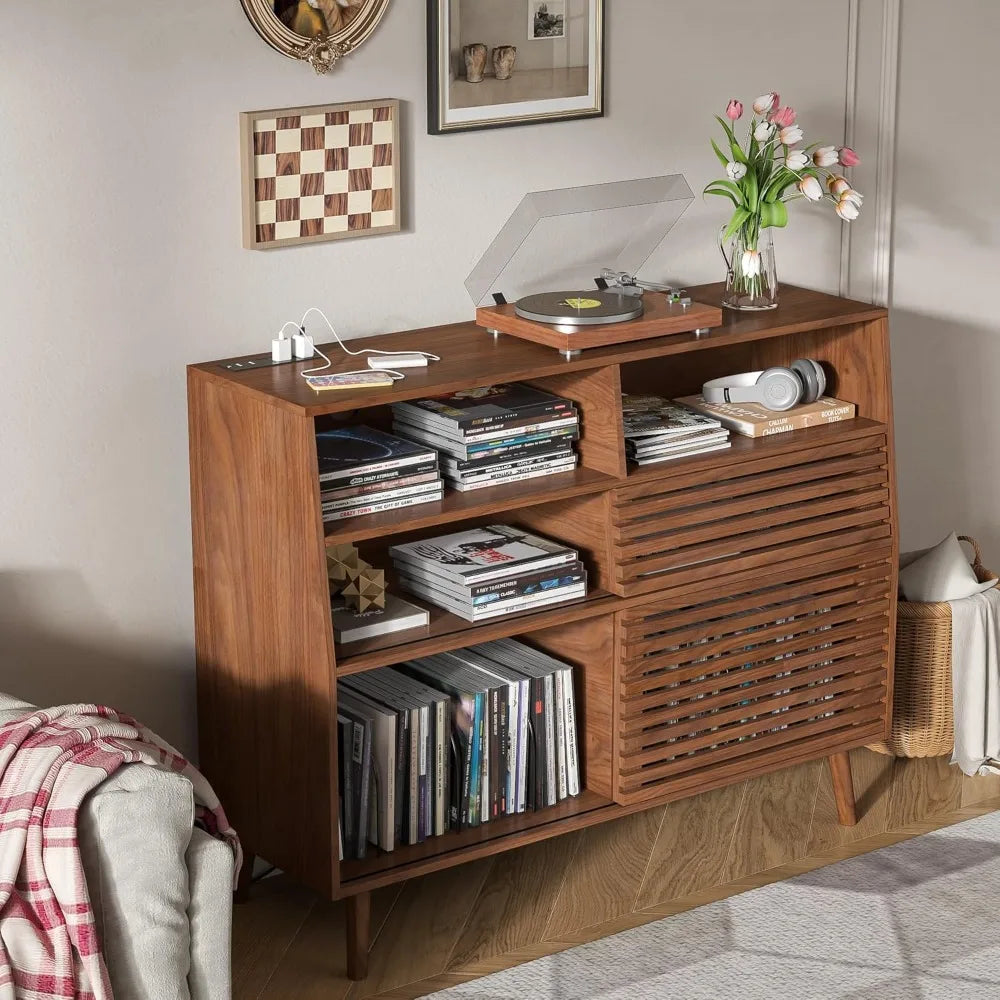 Ellington Collection | Geometric Danish-Inspired Walnut Record Console - captured in a curated lifestyle vignette in a Mid-Century Modern entryway setting.