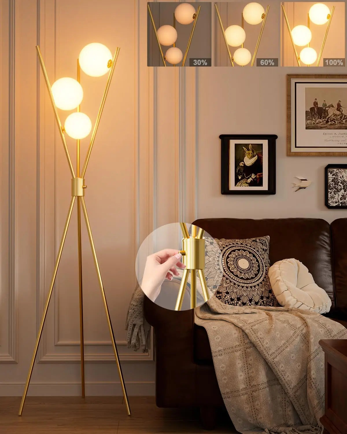 Ellington Collection | Hairpin-Legged Brass-Accented Brushed Brass Tripod - showcasing full sculptural form and curated finish in a Mid-Century Modern living room setting.