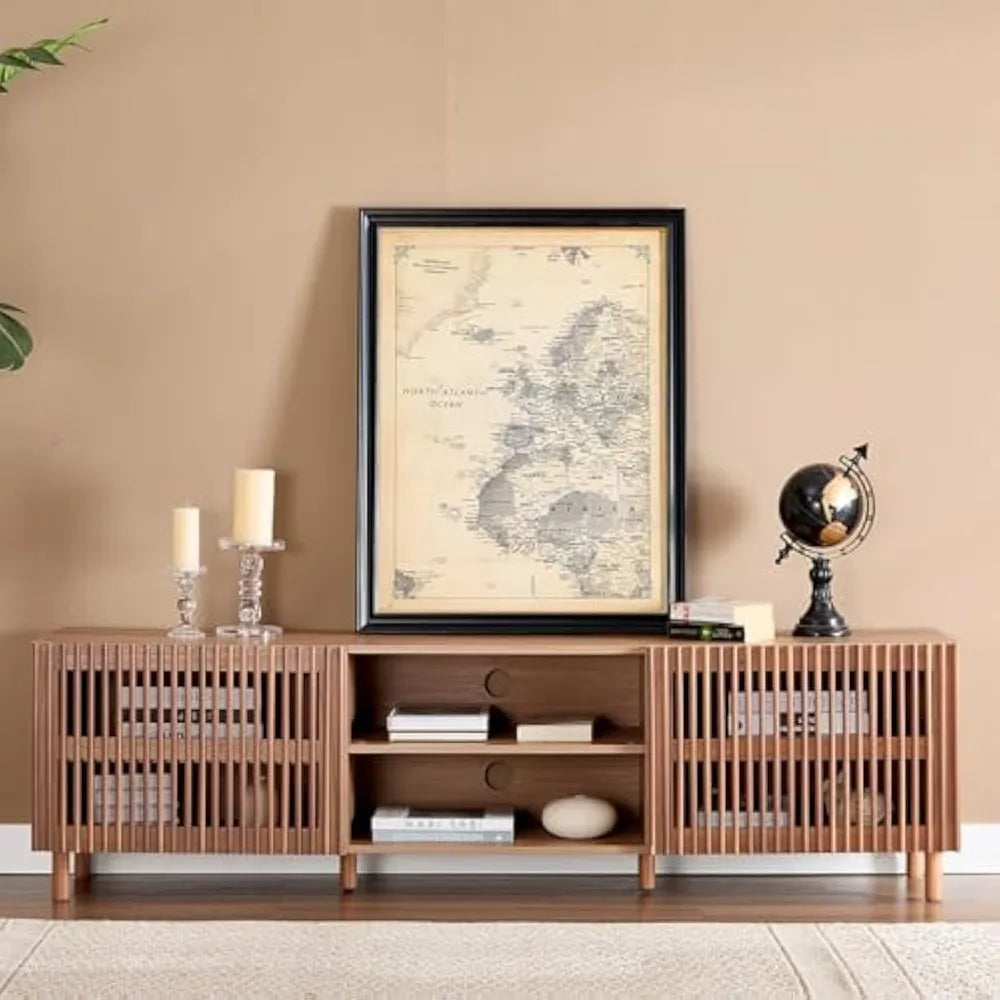 Dresden Collection | Grand Slatted Walnut Media Console - revealing tonal warmth and surface patina under ambient light in a Mid-Century Modern entryway setting.