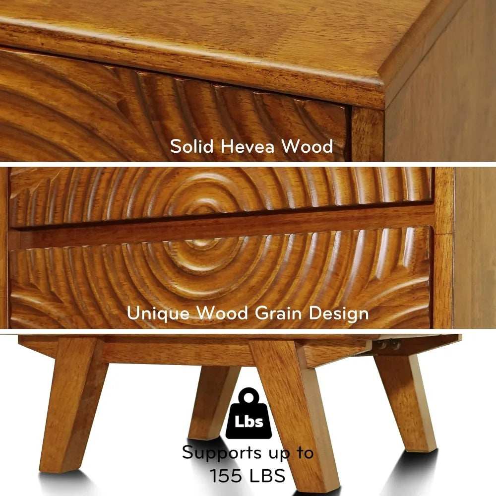 Cordoba Collection | Sculptural Atomic-Era Caramel Acacia Nightstand - highlighting material texture and craftsmanship detail in a Mid-Century Modern bedroom setting.