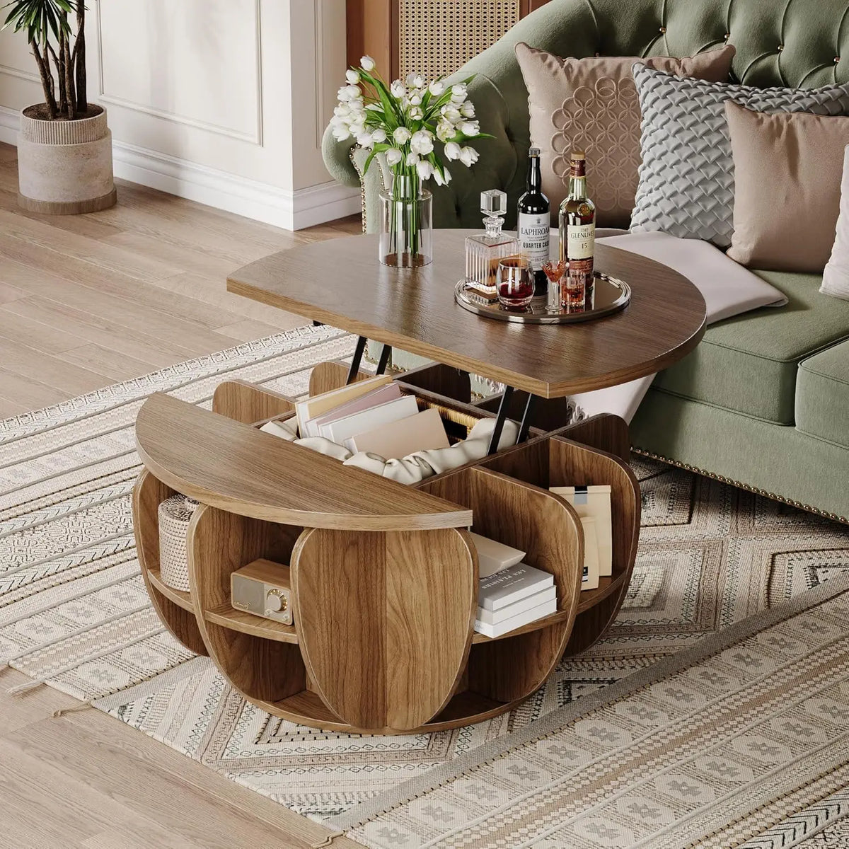 Astoria Collection | Tapered-Leg Atomic-Era Walnut Coffee Table - presented at scale within a designed interior in a Mid-Century Modern living room setting.