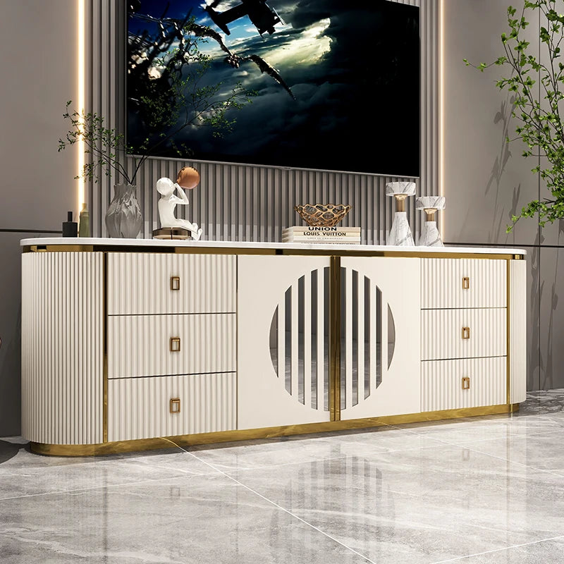 Belmont Collection | Tapered-Leg Brass-Accented Rich Walnut Media Console - detail view 12 revealing design nuance in a Mid-Century Modern entryway setting.