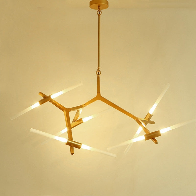 Ellington Collection | Geometric Atomic-Era Herringbone Branch Chandelier - captured in a curated lifestyle vignette in a Mid-Century Modern living room setting.