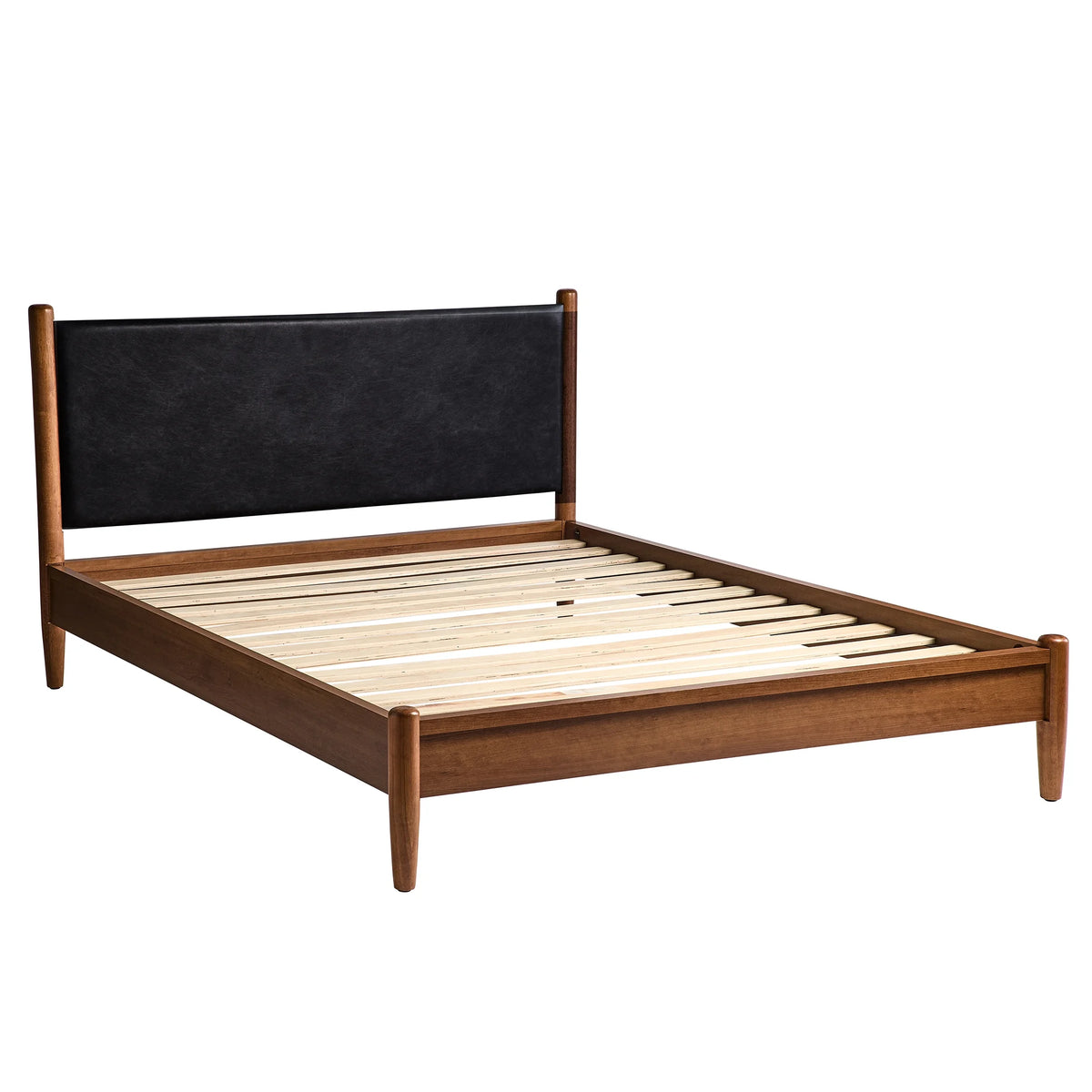 Greyson Queen Platform Bed, Black Faux Leather and Acorn Finish