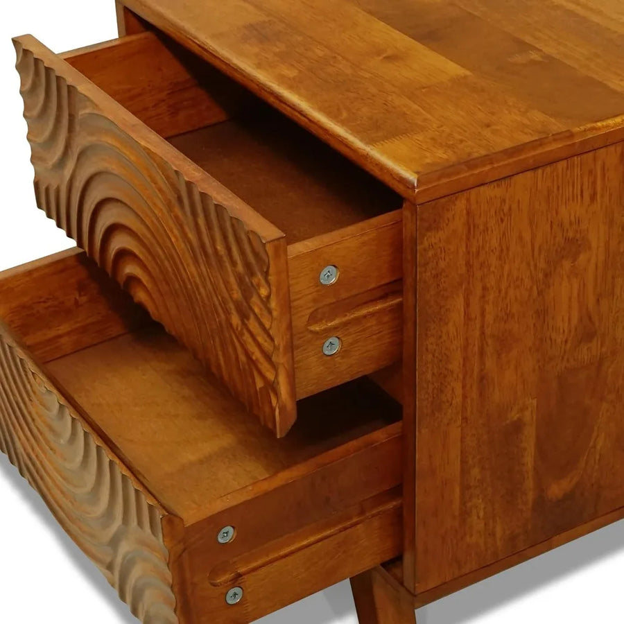 Cordoba Collection | Sculptural Atomic-Era Caramel Acacia Nightstand - showcasing full sculptural form and curated finish in a Mid-Century Modern bedroom setting.