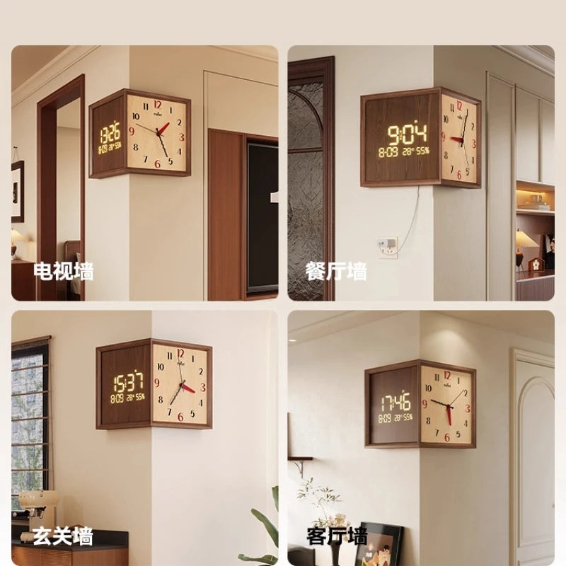 Dresden Collection | Geometric Atomic-Era Walnut Digital Clock - showcasing full sculptural form and curated finish in a Mid-Century Modern living room setting.