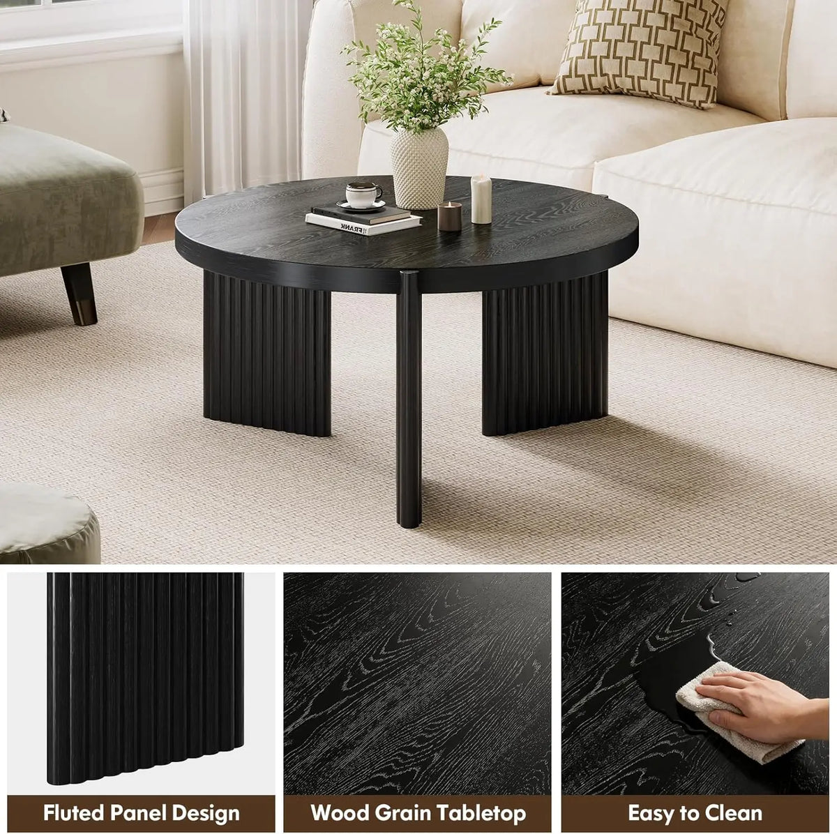 Dresden Collection | Fluted Circular Ebony Round Coffee Table - highlighting material texture and craftsmanship detail in a Mid-Century Modern living room setting.