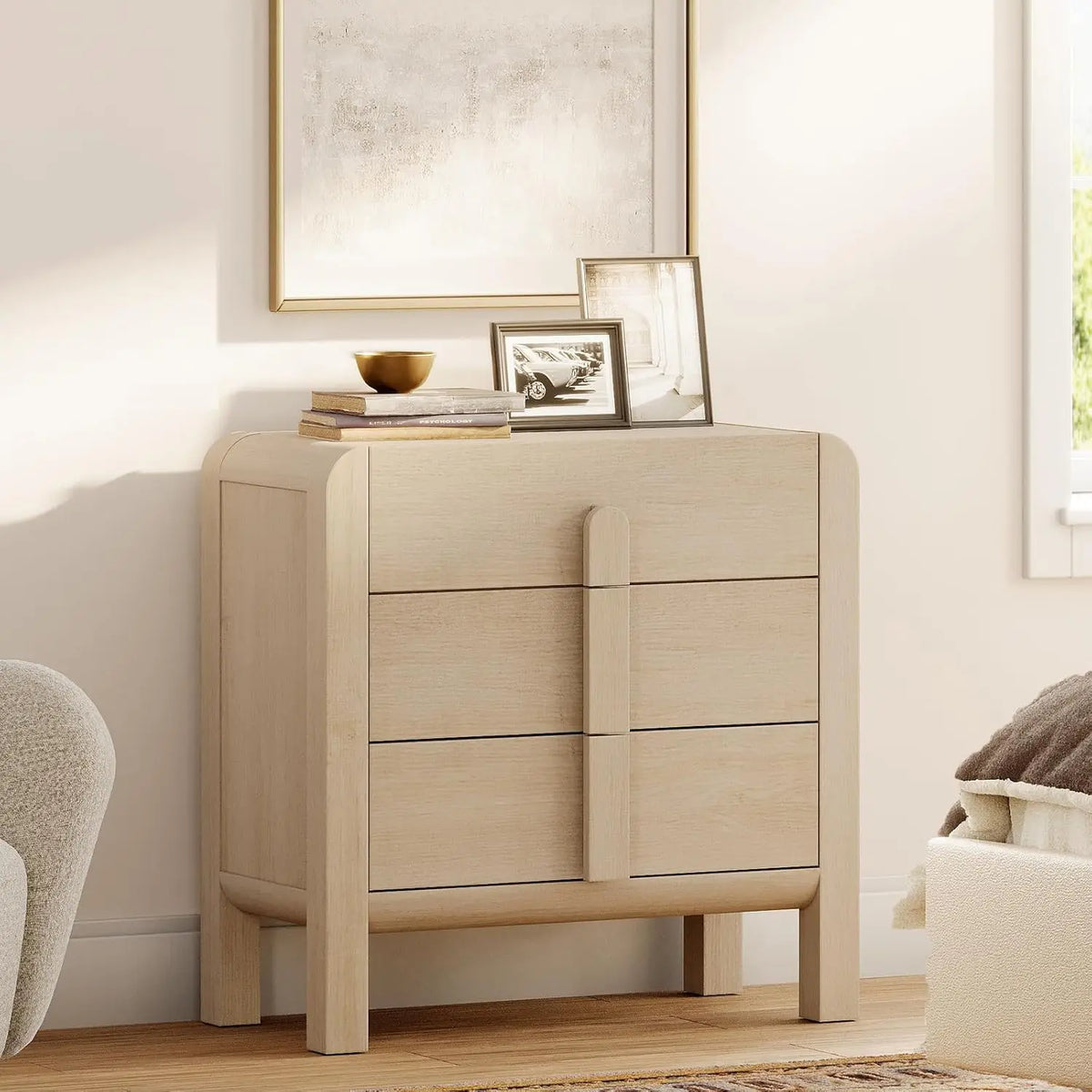 Dresden Collection | Organic-Form Brass-Accented White Oak Dresser - exhibiting shadow play and geometric silhouette detail in a Mid-Century Modern bedroom setting.