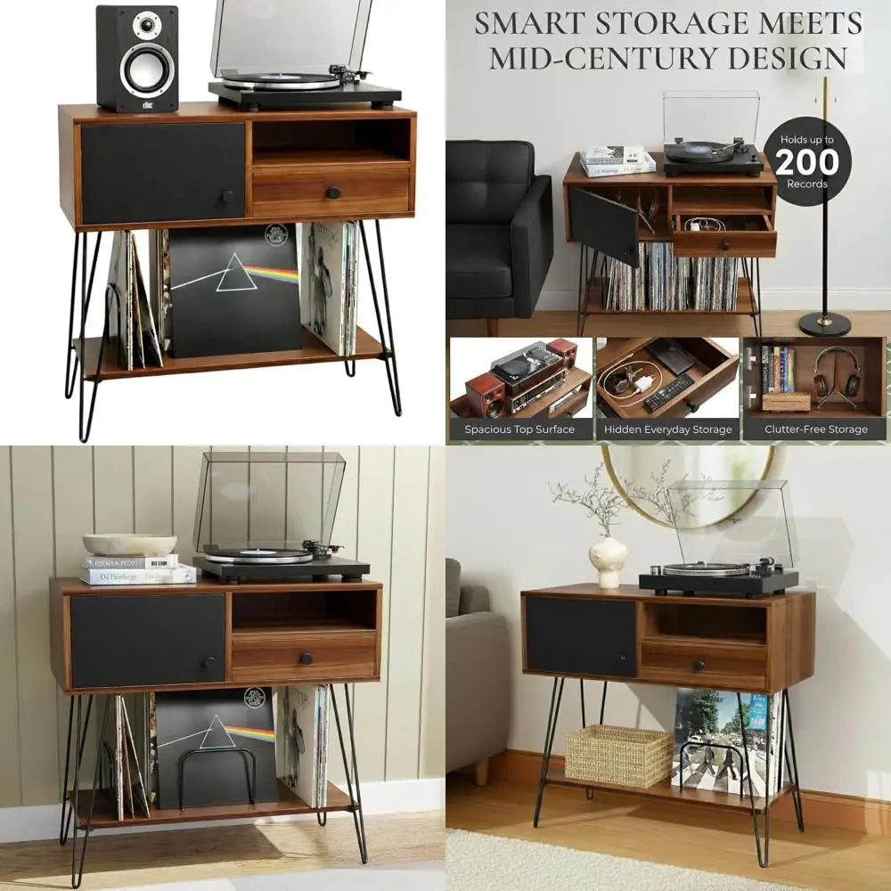 Ellington Collection | Sculptural Desert-Modern Walnut Record Stand - featuring close-up joinery and artisanal finish quality in a Mid-Century Modern living room setting.