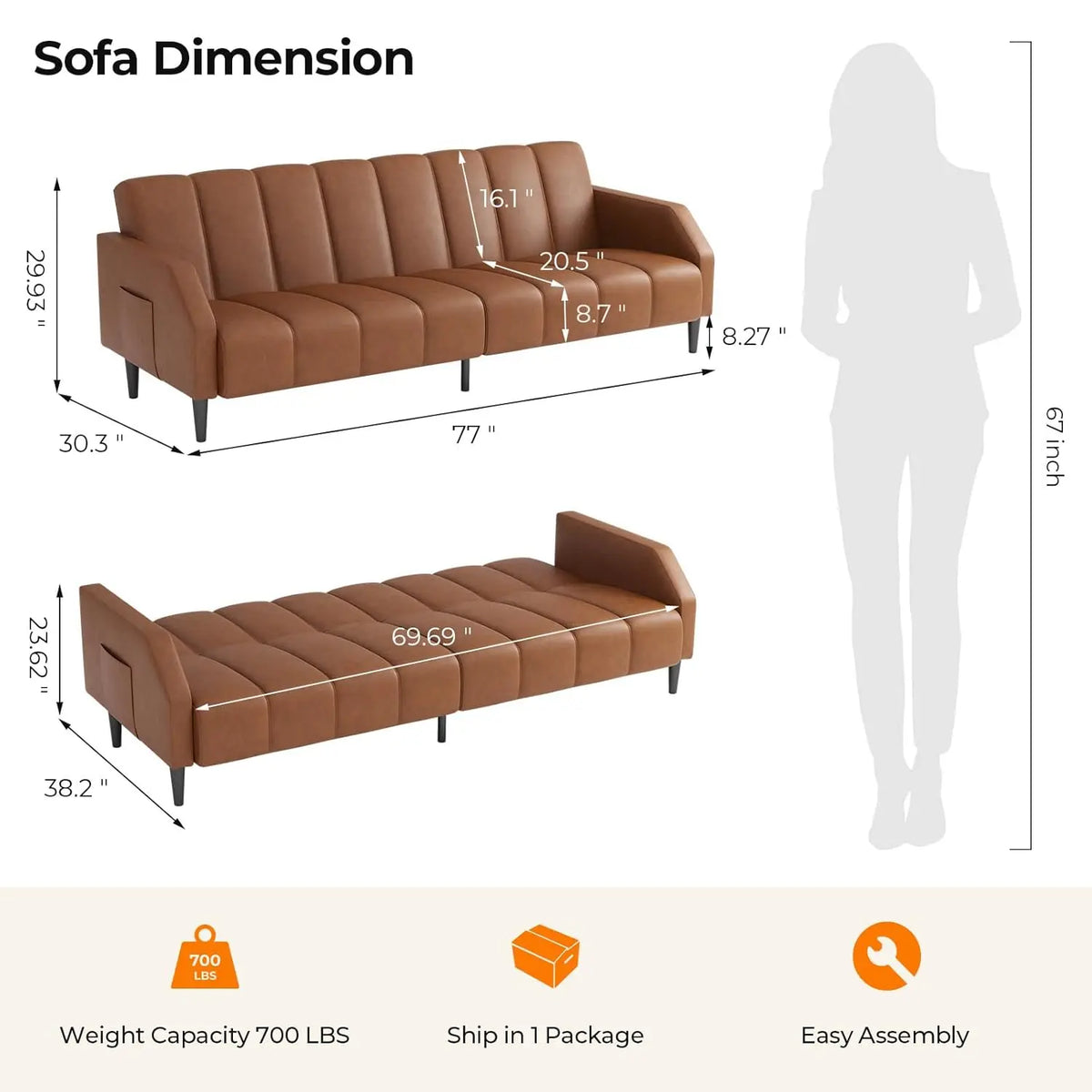 Belmont Collection | Streamlined Leather-Wrapped Convertible in Luxe Faux Leather - revealing tonal warmth and surface patina under ambient light in a Mid-Century Modern living room setting.