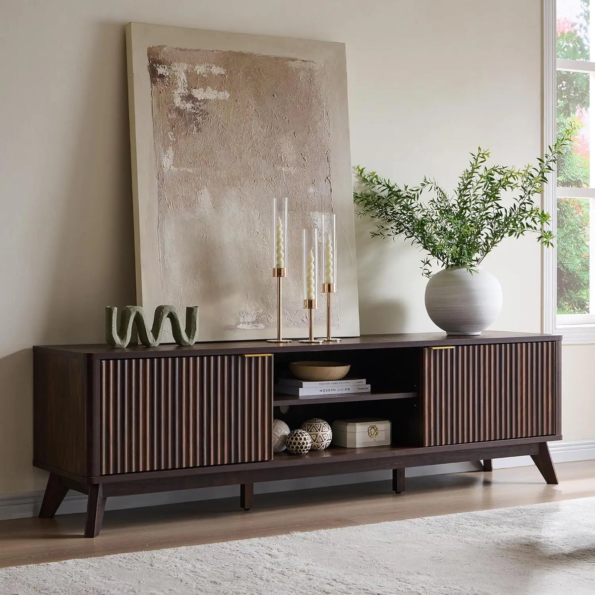 Dresden Collection | Fluted Atomic-Era Fluted Walnut Console - highlighting material texture and craftsmanship detail in a Mid-Century Modern entryway setting.