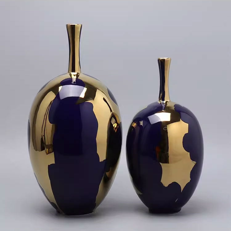 Fontaine Collection | Sculptural Gold-Trimmed Ceramic & Gold Leaf Vase - showcasing full sculptural form and curated finish in a Mid-Century Modern living room setting.