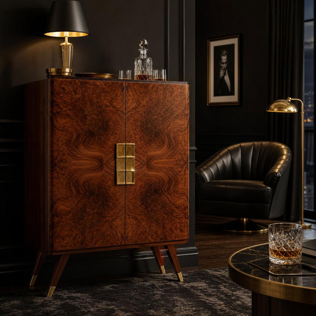 Fontaine Collection | Brass-Accented Atomic-Era Walnut Burl & Brass - showcasing full sculptural form and curated finish in a Mid-Century Modern living room setting.