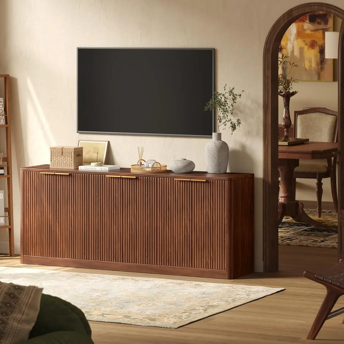 Dresden Collection | Panoramic Fluted Fluted Walnut Buffet - presented at scale within a designed interior in a Mid-Century Modern living room setting.