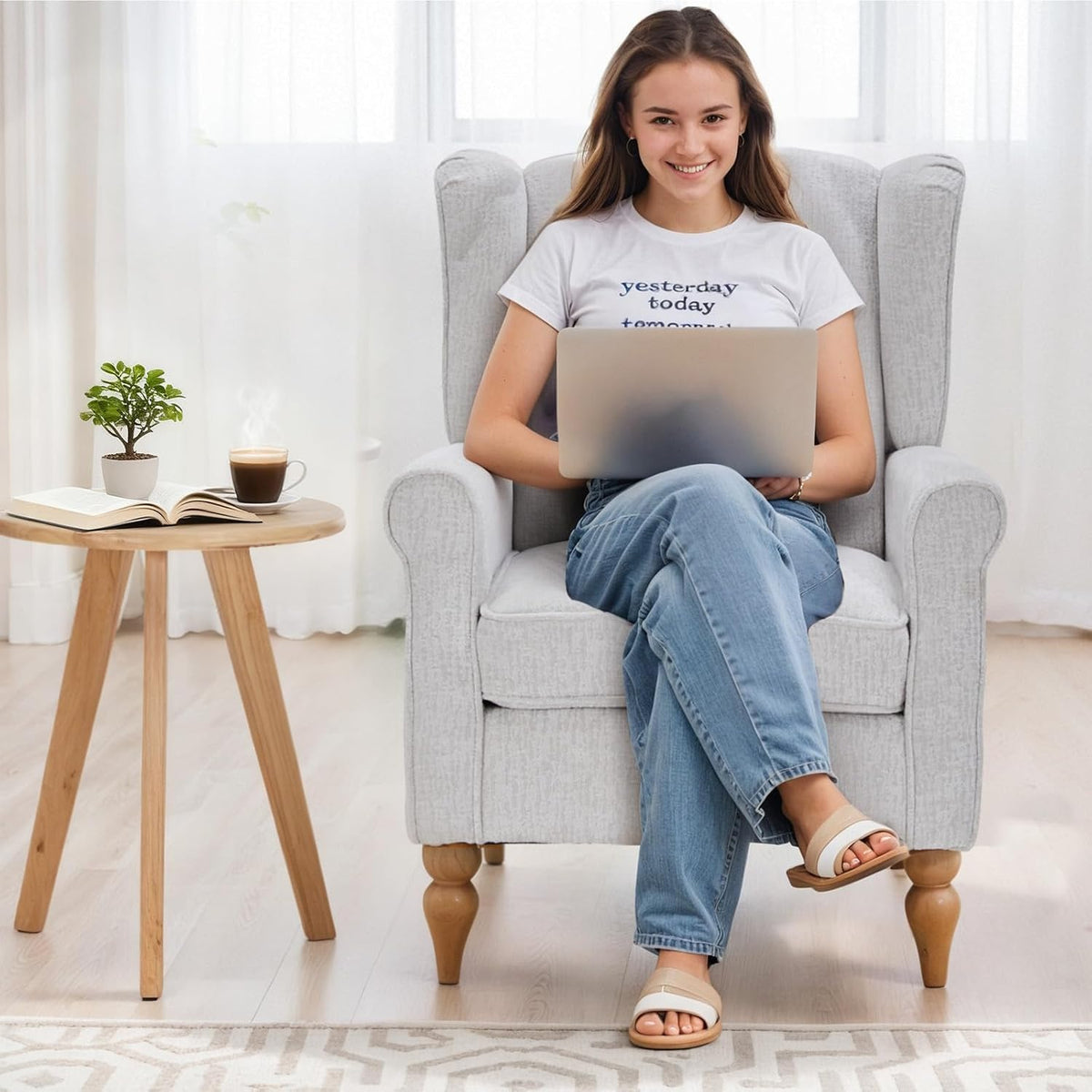 High Wingback Chairs with Table - Midcentury Modern Accent Chair for Living Room, Upholstered Armchair with Solid Legs, Light Grey Living Room Chairs for Living Room, Bedroom, Balcony