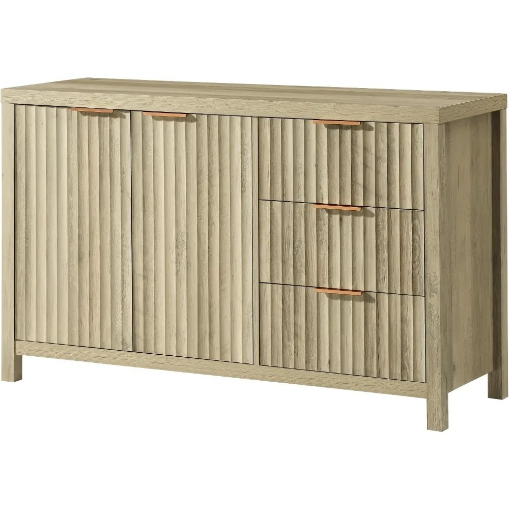 Belmont Collection | Fluted Atomic-Era Sunwashed Ash Fluted Sideboard - highlighting material texture and craftsmanship detail in a Mid-Century Modern living room setting.