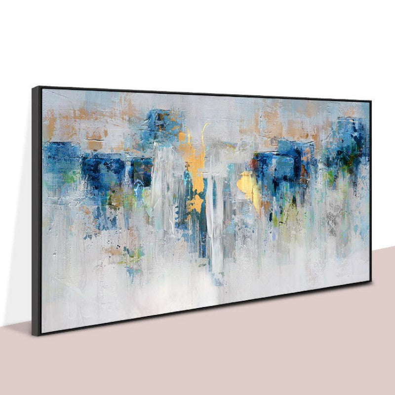 Mid-Century Modern Blue and Gold Handmade Oil Painting - Elegant Canvas Wall Art
