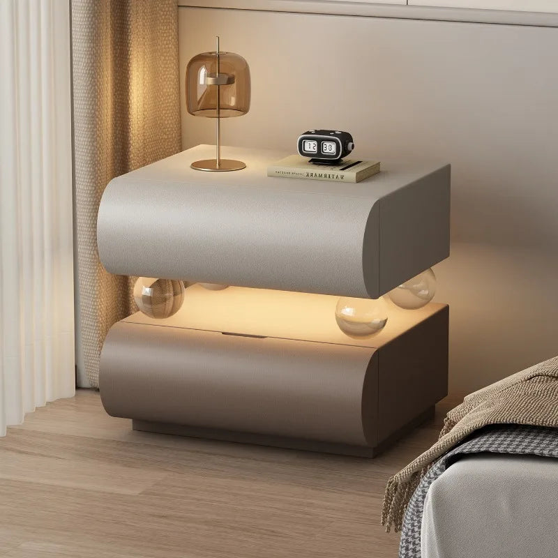 Belmont Collection | Tapered-Leg Nordic Nordic Bedside Table - detail view 19 revealing design nuance in a Mid-Century Modern bedroom setting.