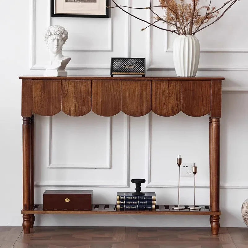 Ellington Collection | Atomic-Era Entryway Walnut Console - framed in an editorial still-life composition in a Mid-Century Modern entryway setting.