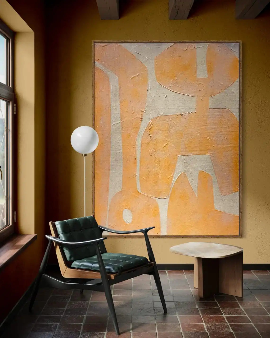 Fontaine Collection | Geometric Desert-Modern Mustard Canvas - demonstrating proportional harmony within the collection in a Mid-Century Modern living room setting.