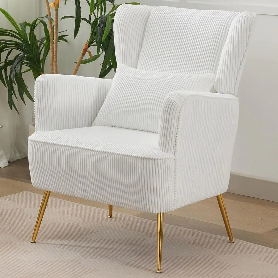 Astoria Collection | Ribbed Brass-Accented Corduroy Wingback - showcasing full sculptural form and curated finish in a Mid-Century Modern bedroom setting.