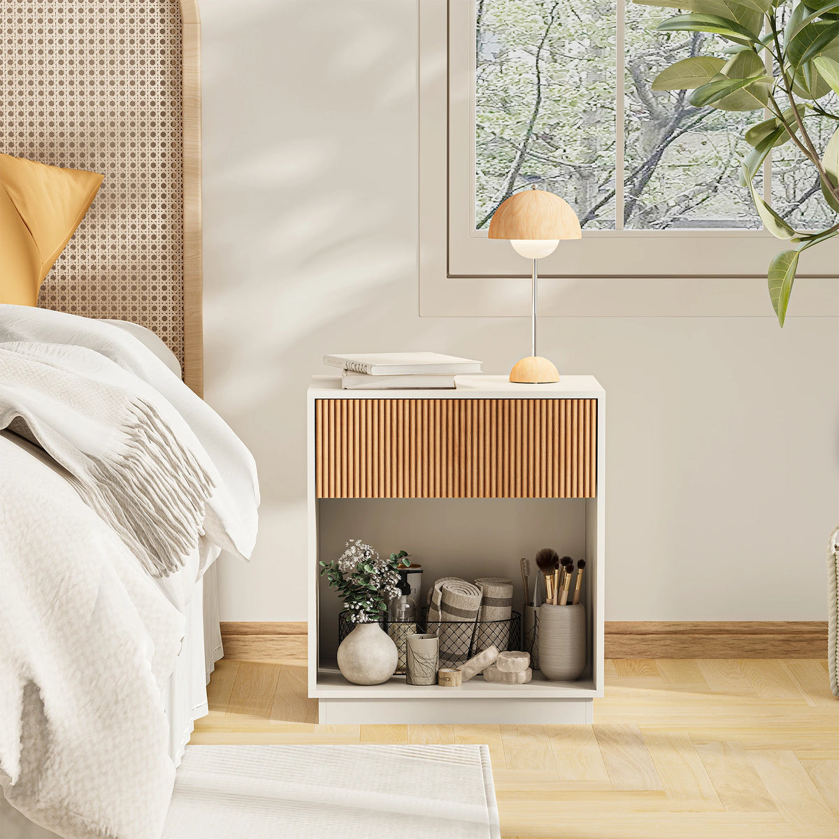 Belmont Collection | Fluted Brass-Accented Fluted Walnut Nightstand Set - featuring close-up joinery and artisanal finish quality in a Mid-Century Modern bedroom setting.