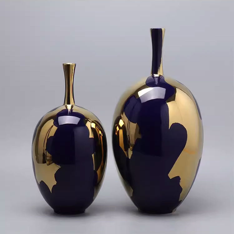 Fontaine Collection | Sculptural Gold-Trimmed Ceramic & Gold Leaf Vase - highlighting material texture and craftsmanship detail in a Mid-Century Modern living room setting.