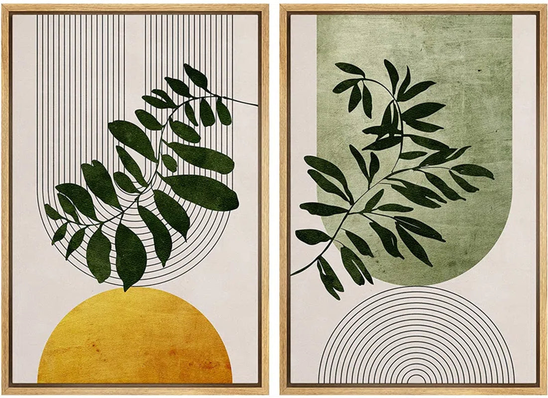 Mid Century Modern Boho "Bold Bright Yellow & Green Leaves Artwork, Abstract Botanical Neutral Wall Pictures, Framed Canvas Giclée Print 3 Pieces Wall Art"