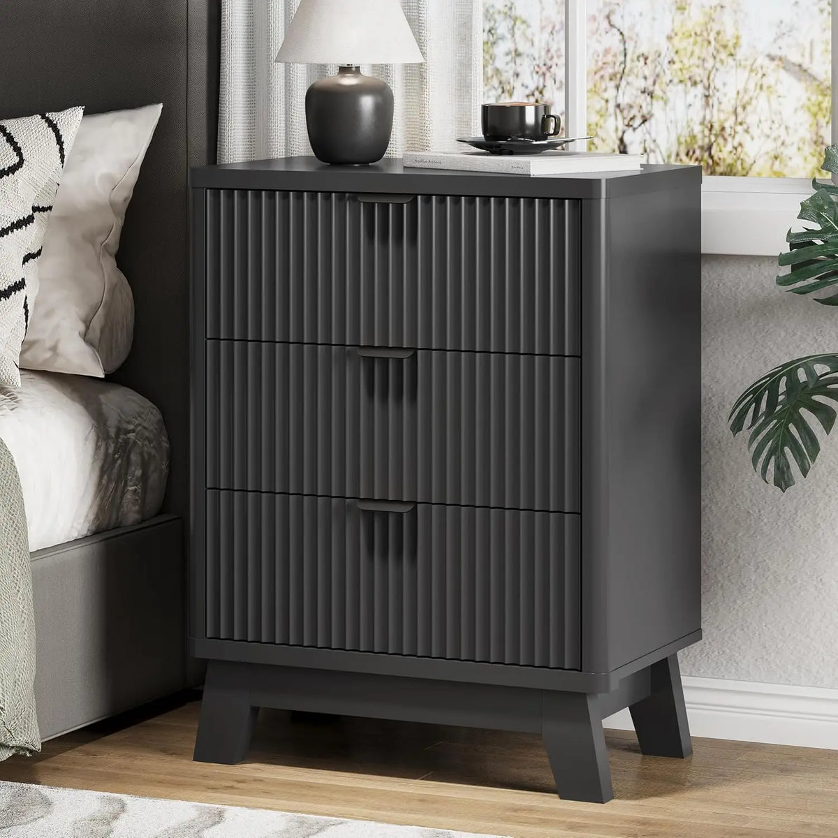 Astoria Collection | Fluted Brass-Accented Fluted Walnut Nightstand - detail view 12 revealing design nuance in a Mid-Century Modern bedroom setting.