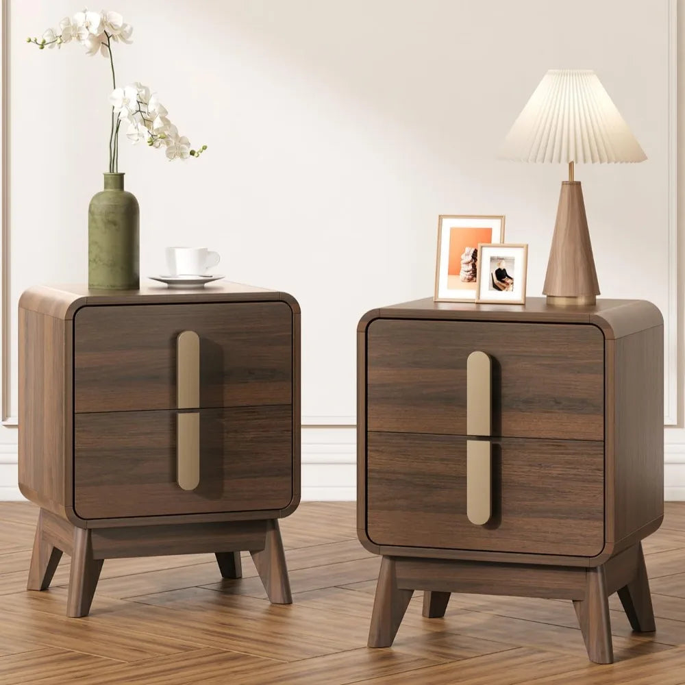 Dresden Collection | Curved Walnut Nightstand - captured in a curated lifestyle vignette in a Mid-Century Modern bedroom setting.