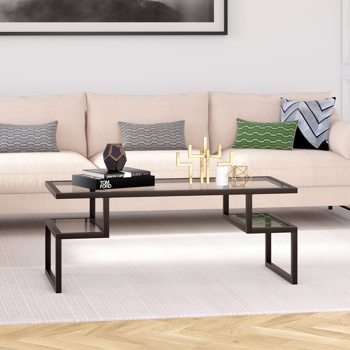 Zander 45" Wide Rectangular Coffee Table, Brass