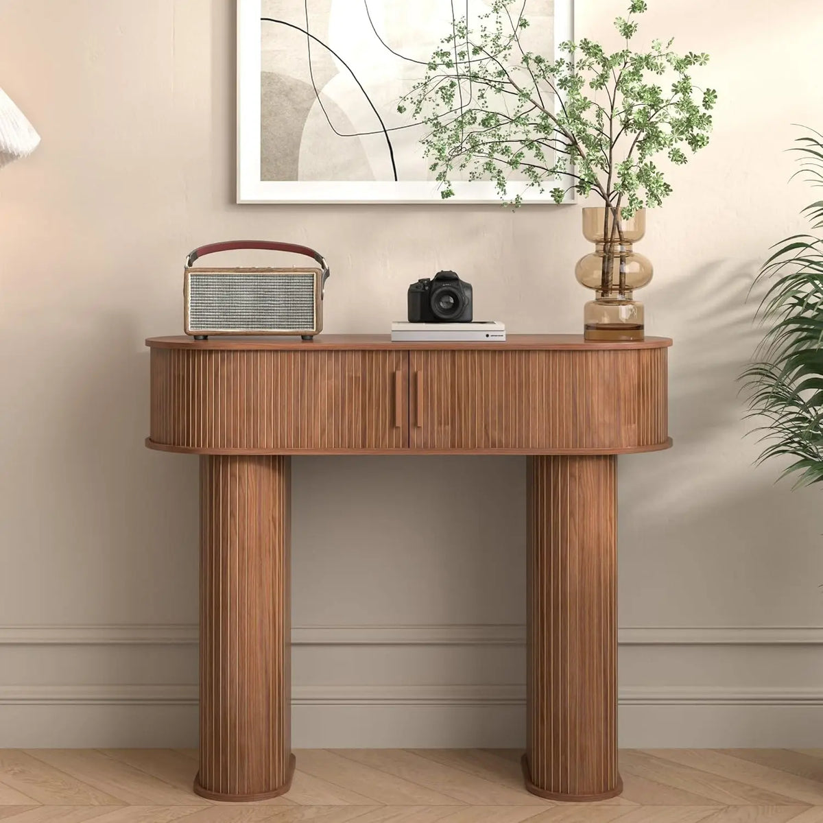 Fontaine Collection | Tapered-Leg Gold-Trimmed Walnut Round Console - highlighting material texture and craftsmanship detail in a Mid-Century Modern entryway setting.